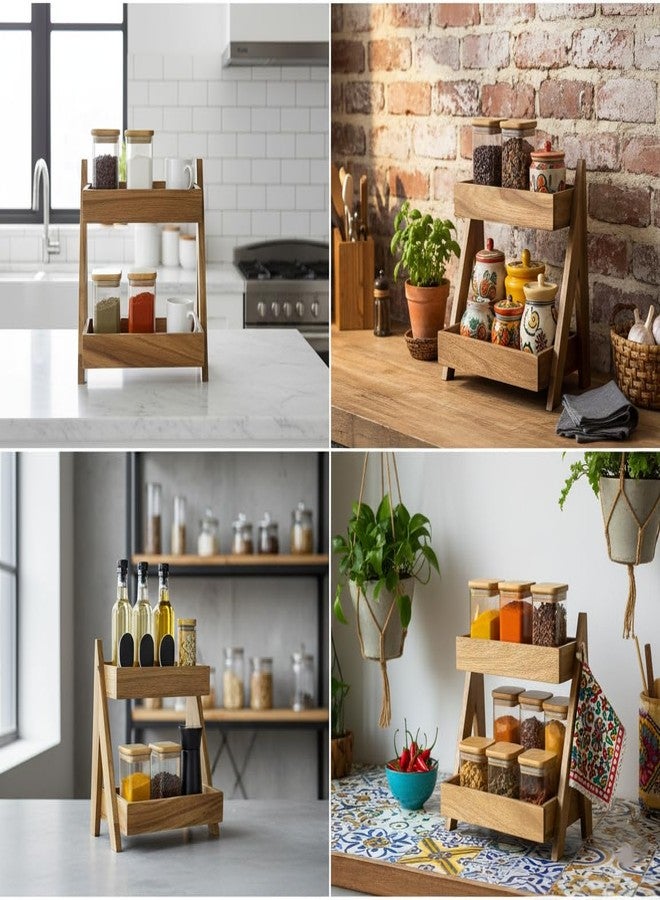 WOODKIT Multipurpose Wooden Triangluar Spice Rack | Kitchen Countertop Organizer | 2-Tiered Shelf Kitchen Storage Organizer Shelves | Jars And Bottle Holder & Decor Item Acacia Wood (Modern) - Image 4